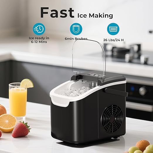 Countertop Ice Maker Machine – 8 Bullet Ice in 6 Mins, 26.5lbs/24Hrs Output – Self-Cleaning Portable Design with Selectable Ice Size & Touch Display for Home/Office/Bar