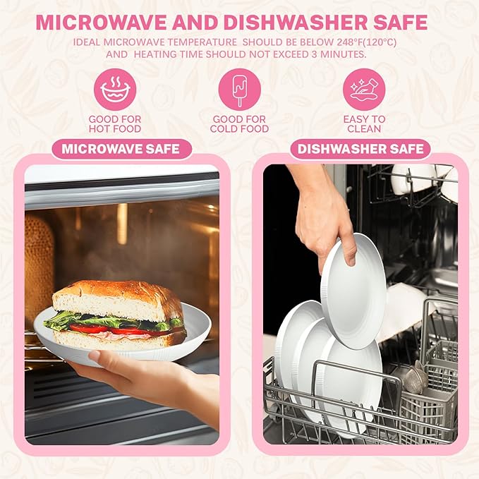 Homienly Wheat Straw Plates, 8 Inch Dessert Plates Set of 8, Unbreakable White Round Plate - Alternative to Plastic Plates, Lightweight Microwave and Dishwasher Safe Plate Set for Camping - White