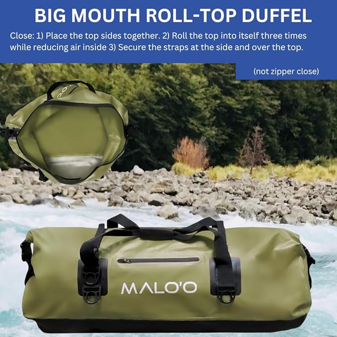 Malo'o Waterproof Dry Bag Duffel 40L/60L/100L, Roll Top Duffel Keeps Gear Dry for Kayaking, Rafting, Boating, Swimming, Camping, Hiking, Beach, Fishing - Internal & External Pockets and Molle Loops