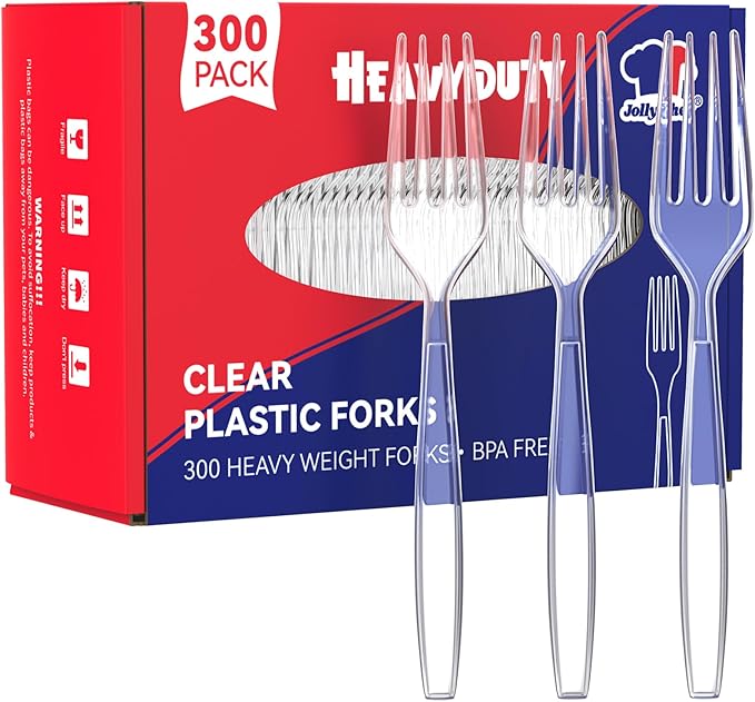 JOLLY CHEF 300 Count Clear Plastic Forks Heavy Duty, 7.1" Heat Resistant Solid and Durable Plastic Forks Disposable, Disposable Bulk Cutlery Perfect for Parties Supply Events Everyday Use