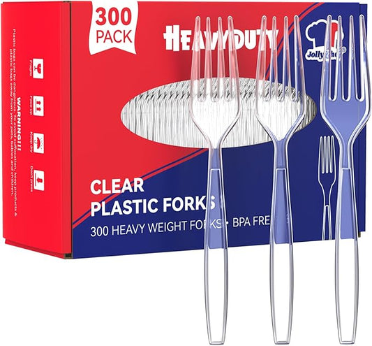 JOLLY CHEF 300 Count Clear Plastic Forks Heavy Duty, 7.1" Heat Resistant Solid and Durable Plastic Forks Disposable, Disposable Bulk Cutlery Perfect for Parties Supply Events Everyday Use