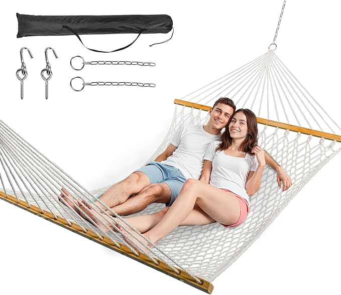 Double Hammock for 2 Person, Handwoven Rope Hammock with Spreader Bar Without Stand - Indoor & Outdoor Use for Patio, Poolside, Backyard (White)