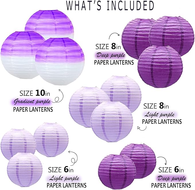 14 PCS Paper Lanterns, Gradient Purple Round Paper Decorative Lantern Lamps, Hanging Lanterns Chinese Tissue Indoor Room & Outdoor Party Supplies Decoration