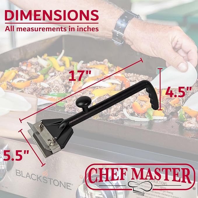 Chef Master Griddle Scraper w/Replacement Blade & Grill Scrubber Combo, Commercial Flat Iron Grill Griddle Scraper for Home, Diner, Bar & Restaurant, Flat Top Iron & Blackstone Accessories - 90254