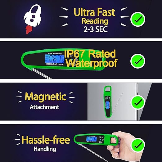 Instant Read Meat Thermometer for Kitchen Cooking, Ultra Fast Precise Waterproof Digital Food Thermometer with Backlight, Magnet and Foldable Probe for Deep Fry, Outdoor BBQ, Grill(Green)