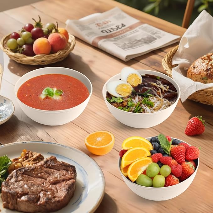 Homienly Wheat Straw Bowls for Kitchen, Bowl Set with Unique Texture 6 PCS, 40 OZ Large Capacity Bowls for Salad, Cereal, Soup, Popcorn, Ramen, Microwave and Dishwaher Safe, Outdoor Safe - Beige