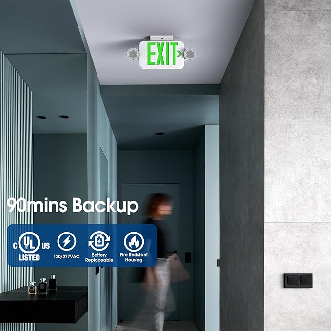 Green Led Exit Sign Emergency Light Combo Adjustable Two Head, Double Sided and Battery Backup Exit Light, Contractor Select, AC 120/277V (1 Pack)