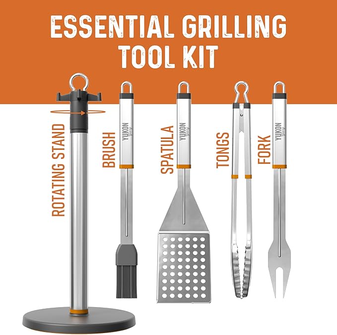 Stainless Steel BBQ Tool Set with Rotating Stand & Drip Pan | Grill Tool Kit Complete with Spatula, Tongs, Fork, Brush | Durable, Easy to Clean Grilling Kit | Essential BBQ Tools