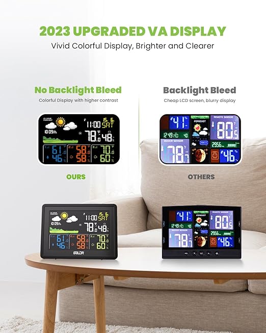 BALDR Wireless Color Display Weather Station with Moon Phase, Barometric Pressure, Temperature and Humidity Sensors for Indoors and Outdoors