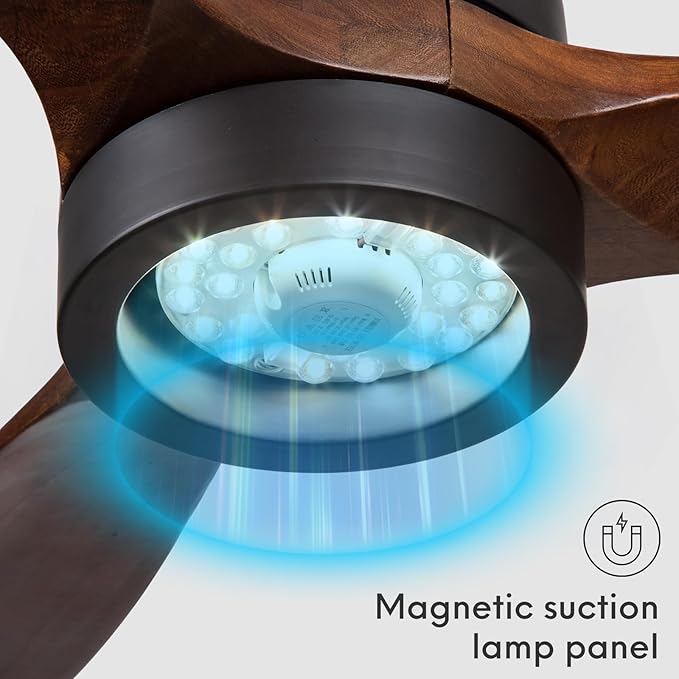 EKIZNSN 42“ Wet Rated Ceiling Fans with Lights Outdoor Hanging for Gazebo Waterproof, DC Motor w 3 Reversible Walnut Wood Blades, Walnut