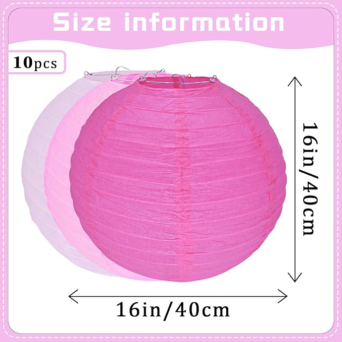 10Pcs 16 Inch Round Paper Lanterns for Home Decor, Restaurant, Church, Wedding, Birthday Party Decorations, Hanging Chinese Japanese Paper Lantern Lamps (Pink Series)