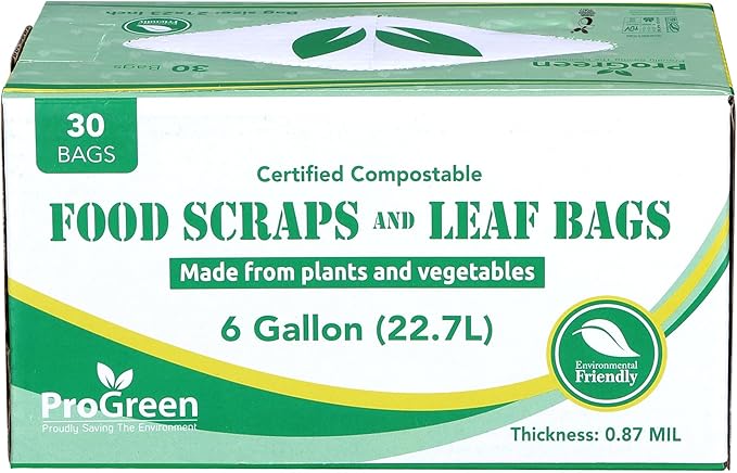 ProGreen Compostable Trash Bags, Extra Thick, Compost Kitchen Bin Bags, Food Scraps Yard Waste Bags, ASTM D6400 BPI and TÜV AUSTRIA Certified (6 Gallon, Pack of 30)