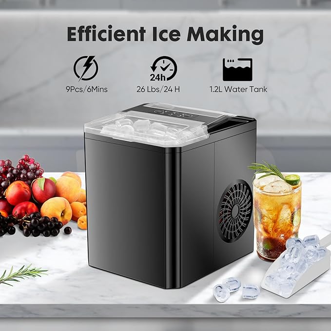 DUMOS Countertop Ice Maker, Portable 1.5L Ice Machine with Self-Cleaning, 26.5lbs/24H Fast Ice Making, 9 Bullet Ice Cubes in 6 Mins, 2 Size Options, Quiet Compact Ice Maker, Black