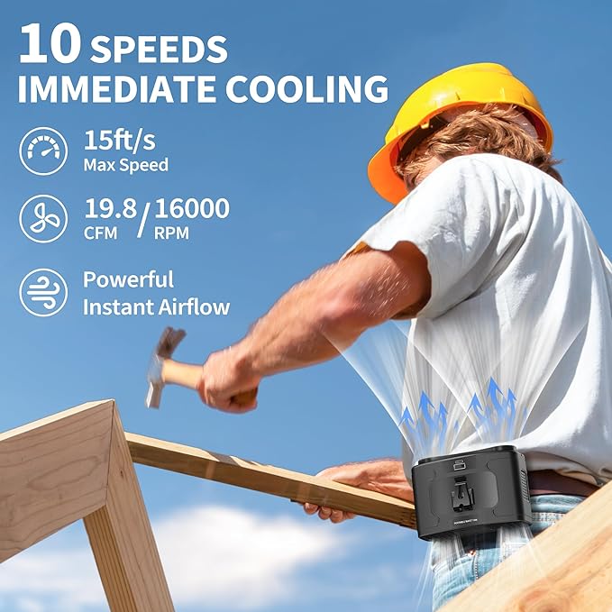 10000mAh Portable Waist Fan, Personal Fan Clip on with Rechargeable Battery operated, Dual Motors Upto 20H Cooling,10 Speeds,16000RPM Hands-Free Belt Neck Fan for Outdoor Jobsite Camping Travel