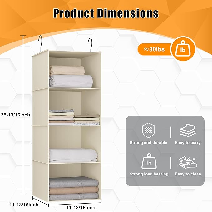 Hanging Closet Organizer, Easy Mount Foldable 4-Shelf Hanging Closet Wardrobe Storage Shelves, Clothes Handbag Shoes Accessories Storage, Washable Oxford Cloth Fabric, Beige