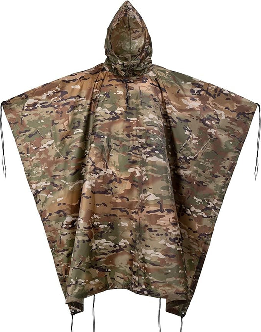 GRVCN Military Rain Poncho, Camouflage Raincoat Outdoor Waterproof Lightweight