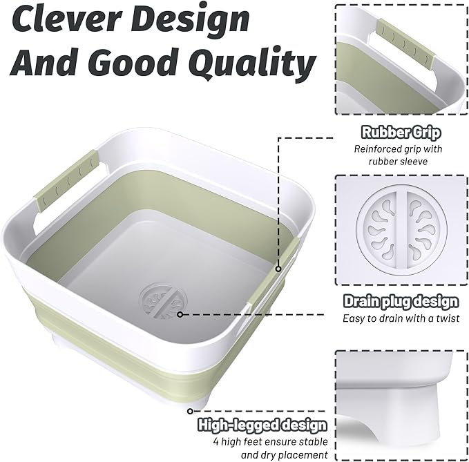 Collapsible Dish Basin, 9L Capacity, Portable Sink for Kitchen, Camping, RV, Gray (Green)