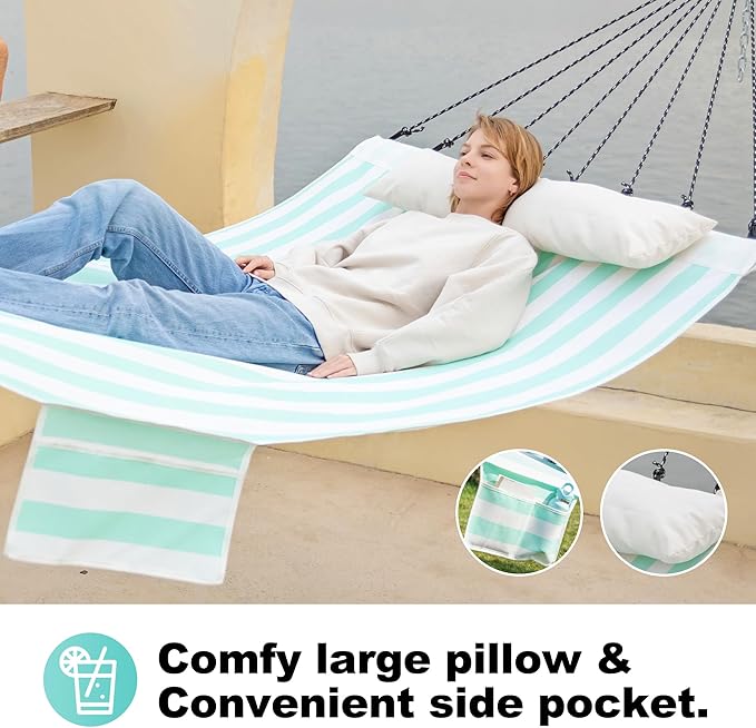 14ft Two Person Outdoor Hammock, Portable Camping with Folding Steel Spreader Bar, Carrying Bag, Carabiners, Tree Straps, Pillow & Sidebag, Quick Dry Textilene, 550 lbs Capacity (Cyan)