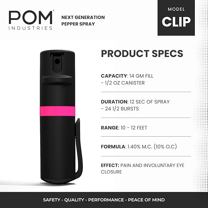 POM Pepper Spray Pocket Clip, Quick Flip Top Safety, Maximum Strength OC Formula with UV Marking Dye, Safe Compact and Tactical Design for Everyday Carry, 25 Bursts, 10 ft Range, 0.5 fl oz