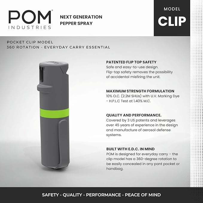 POM Pepper Spray Pocket Clip, Quick Flip Top Safety, Maximum Strength OC Formula with UV Marking Dye, Safe Compact and Tactical Design for Everyday Carry, 25 Bursts, 10 ft Range, 0.5 fl oz