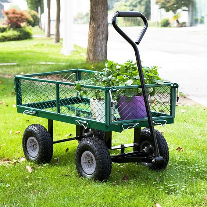 BestMassage Heavy Duty 500 Lbs Capacity Mesh Steel Garden Cart Folding Utility Wagon with Removable Sides for Beach Lawn Yard Landscape (Deep Green)