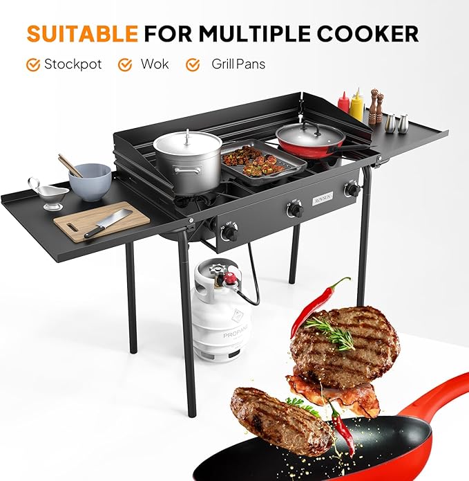 ROVSUN 3 Burner Propane Gas Stove with Side Shelf & Carrying Bag, 225,000BTU Outdoor Burner with Wind Panel & CSA Listed Regulator, Picnic Cooker for Home Patio Cooking Camping Brewing Turkey Frying