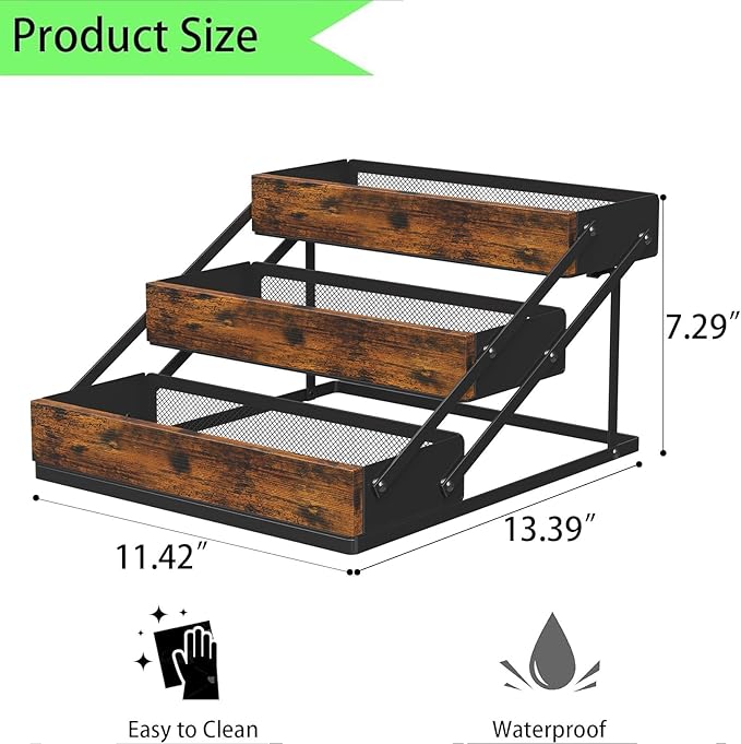 3 Tier Foldable Spice Rack Organizer for Countertop, Step Shelf with Spice Jars for Kitchen Cabinet Drawers Seasoning Rustic Wooden Spice Holder for Home, Cupboard or Door - 2PCS