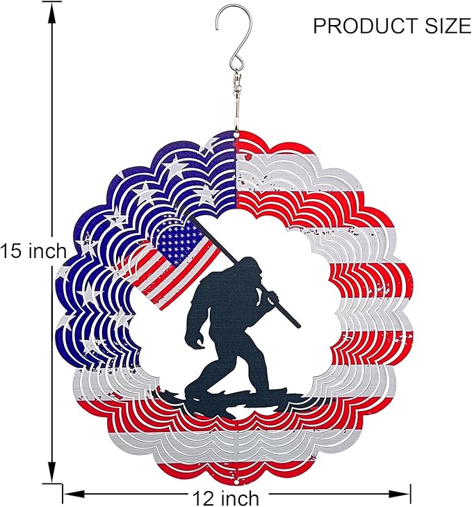 3D Patriotic Bigfoot Wind Spinner Decor - 12 Inch Metal Garden Art, Rust-Proof Outdoor Hanging Decorations, Patriotic American Flag Design, for Outdoor Lovers (Bigfoot)