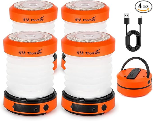 THORFIRE Collapsible LED Camping Lantern Rechargeable, Portable Hand Crank Lantern Flashlight with 4 Light Modes for Power Outage, Hiking, Emergency, Fishing (4 Pack)