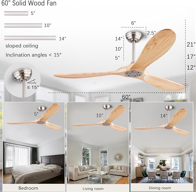 60" Wood Ceiling Fan No Lights with Remote Control,Wooden 3 Blades Ceiling Fans Without Light for Patio,Garage,Living Room,Bedroom,Office,Indoor/Outdoor(Nickel+Raw wood)