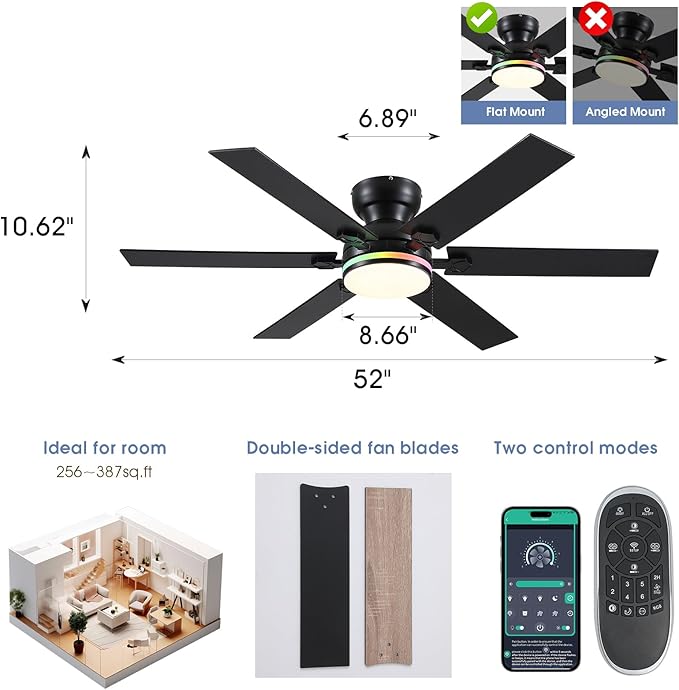 52" RGB Ceiling Fans with Lights and Remote/APP,Black Low Profile Ceiling Fans with Quiet Reversible DC Motor,Modern Flush Mount Fans Light for Bedroom Kids Room