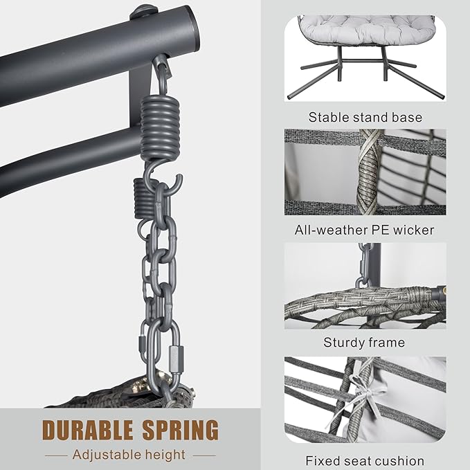 Double Hanging Egg Chair wth Stand, Patio Hammock Swing Chair with Cushion Loveseat for Bedroom, Balcony, Garden, Indoor, Outdoor