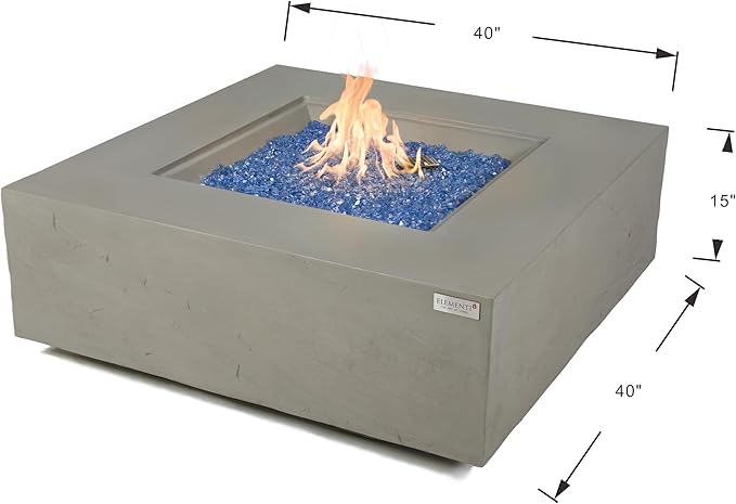 Elementi+ | Capertee Gas Fire Pit Cast Concrete 40" Square Fire Table, Outdoor Fire Pit Electronic Ignition | Canvas Cover, Fire Glass and Burner Lid Included | Light Gray | Natural Gas