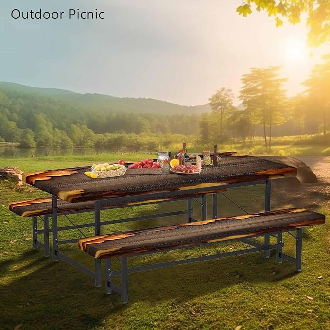 CAPSCEOLL Fitted Picnic Table Cover with Bench Covers with Elastic 6Ft Waterproof Camping Picnic Table Cover Cloths for Outdoors Camping Tablecloth with Drawstring Bag, 72X30in, Brown Wood