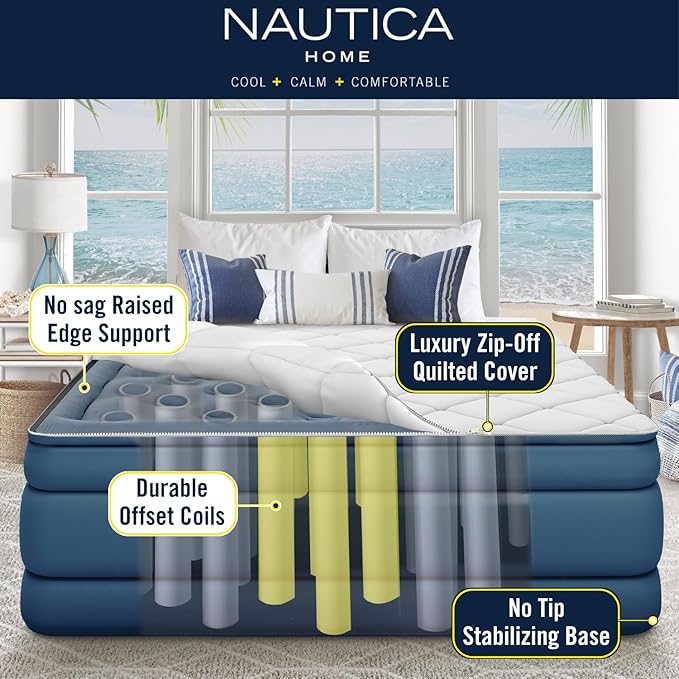 Nautica Home 20" Cloud Supreme Air Mattress with Zip-Off Pillowtop, Built-in Pump, Quick 2-Minute Inflation,Queen Size, Perfect for Guests, Travel, Camping, Durable Offset Coil Construction