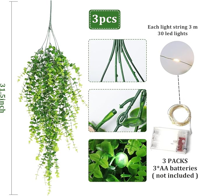 Hanging Plants Outdoor UV Resistant Faux Hanging Plants Indoor Artificial Decor outdoor artificial hanging plants for Wall House Room Patio Indoor Outdoor Home Shelf Office Decor in 3 Pcs(Green)