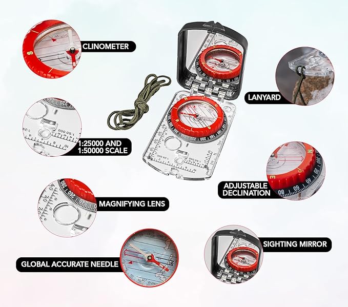 Boy Scout Sighting Compass - Adjustable Declination Mirror, Compass Base Plate, Orienteering & Hiking Navigation - Military Grade, Backpacking & Camping Tool