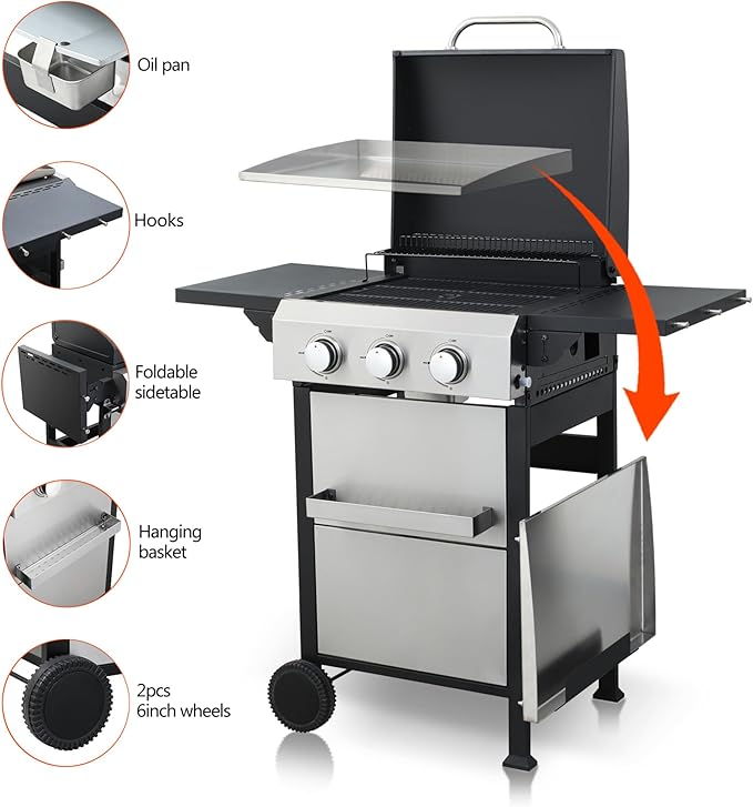 3-Burner Portable Propane Gas Grill with Stainless Steel Plancha Griddle - 36900 BTU Outdoor BBQ Grill with Foldable Side Shelves, Enamel Cooking Grids & Tool Hanging Basket