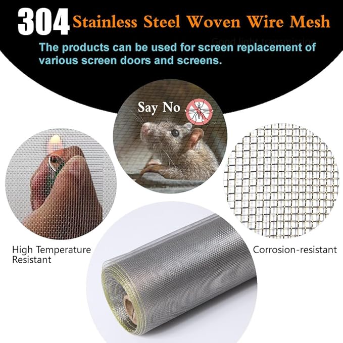 304 Stainless Steel Mesh Screen 27.5"X118"(70X300cm), 1.5mm Hole Metal Net Sheet, Non-Corrosive and Non-Rusting Net Screen for Window, Door 1 Roll, Easy to Cut and Install (22 Mesh)