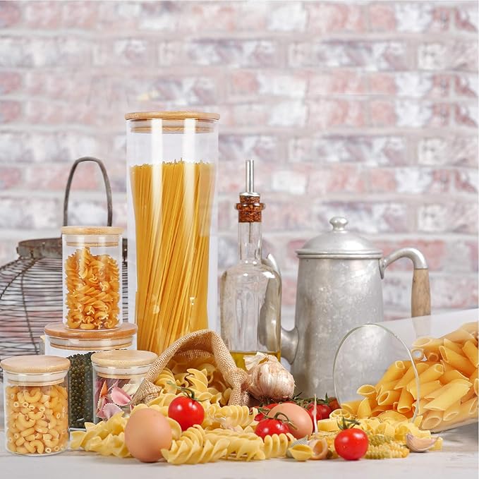 Glass Food Storage Containers Jars with Airtight Bamboo Lid 12 oz 9 pcs, 340 ml Pantry Organization Jar, Glass Terrarium with Lid, Spice, Flour and Sugar Container, Canister Set for Kitchen Counter