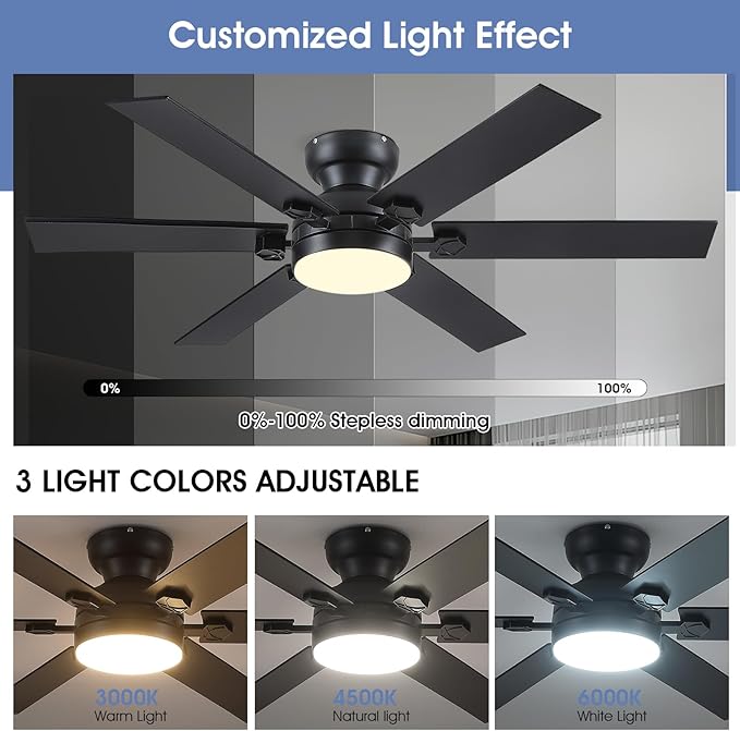 52" Black Low Profile Ceiling Fans with Lights and Remote, Modern Flush Mount Ceiling Fans with Quiet DC Motor, 6 Speeds Reversible