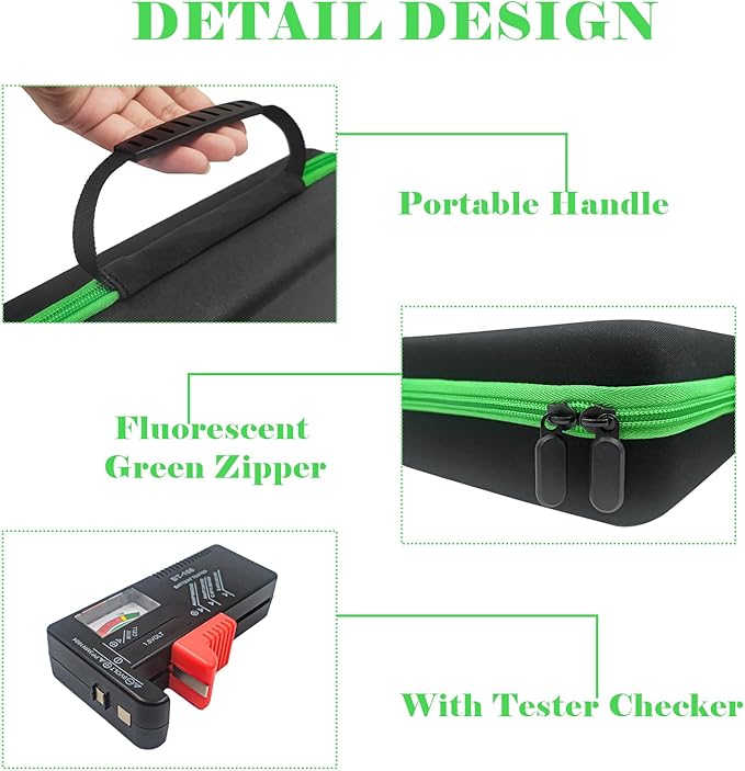 Battery Organizer Storage Case with Tester for AA AAA C D 9V Battery Holder 7 Batteries Variety Pack 111 Batteries Mesh Bag (Batteries Not Included) (Black-Green)