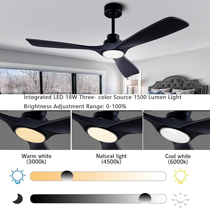 52" Wood Ceiling Fan with Lights Remote Control,Quiet DC Motor 3 Blade Ceiling Fans for Patio Living Room, Bedroom, Office,Indoor Outdoor(Black)