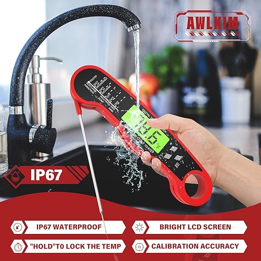 AWLKIM® Meat Thermometer Digital - Instant Read Waterproof Food Thermometer with Backlight for Cooking, Grill, Candy, Kitchen & Stocking Stuffers for Men - Red