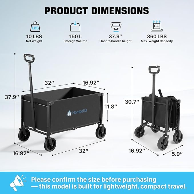 Collapsible Wagon, Heavy Duty Wagons Carts Foldable with Wheels, 150L Utility Wagon with 360LBS Capacity Wagon Cart with Wheels Foldable for Shopping, Groceries, Camping, Sports, Beach, Black