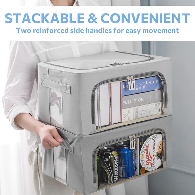 3Pack Frame Storage Box - Clothes Storage Bin Bags Oxford Fabric Foldable Stackable Container Organizer Set with Clear Window & Carry Handles Large Capacity (Grey, Small-22L)