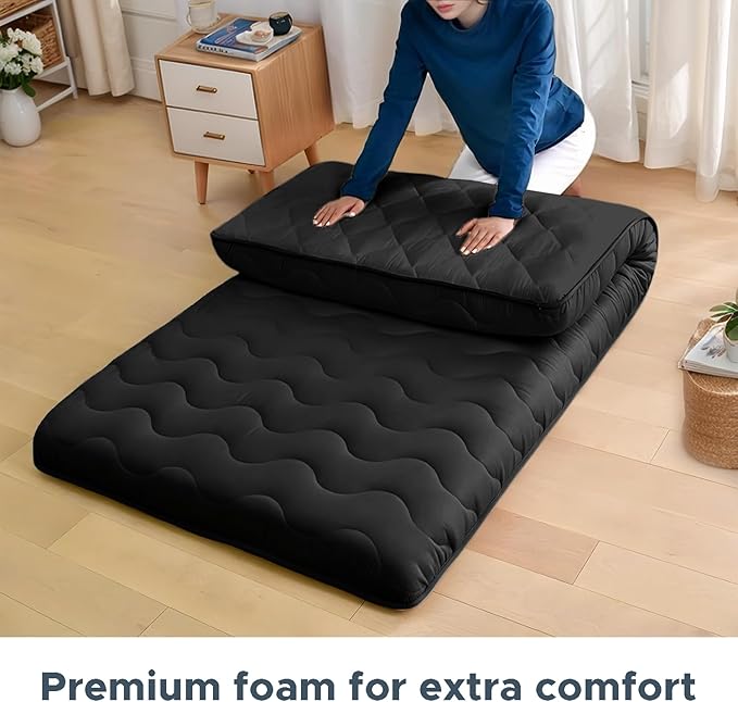 Japanese Floor Mattress, 100% High Density Comfortable Foam, 4" Thicken Foldable Mattress Tatami Mat Sleeping Pad, Ideal for Comfort and Support, Kids Floor Lounger Camping Bed Sofa, Black, Queen