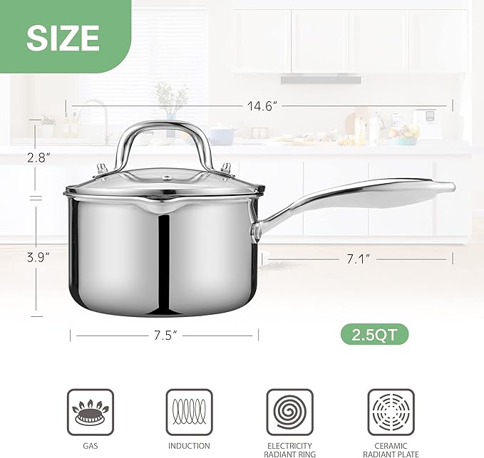 2.5 Quart Stainless Steel Pot Saucepan with Glass Strainer Lid, Sauce Pot with Two Side Spouts, Induction Cooking Pot, Multipurpose Sauce Pan with Lid for Cooking(Tri-Ply Full Body)