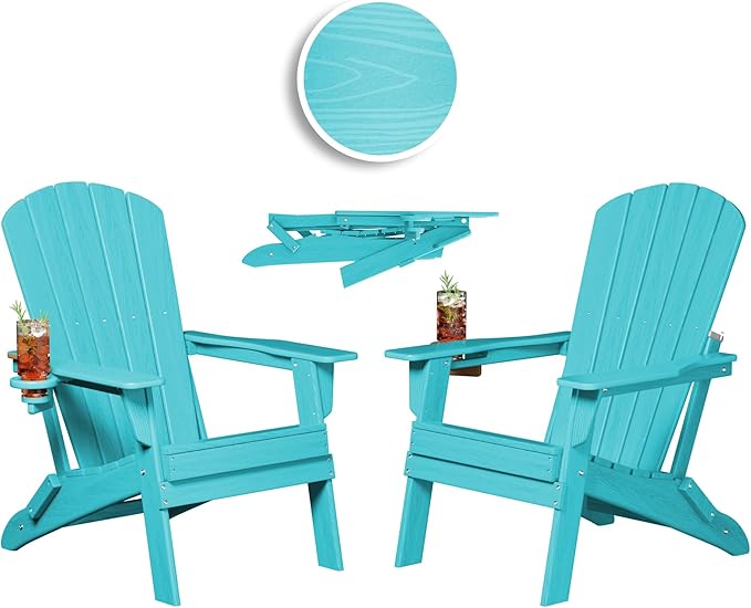 Folding Adirondack Chair, SGS Tested, Wooden Textured with Cup Holder, Heavy All-Weather HDPE Comfortable Set Poolside Backyard Lawn Aruba Blue