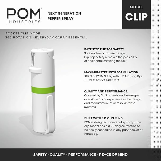 POM Pepper Spray Pocket Clip, Quick Flip Top Safety, Maximum Strength OC Formula with UV Marking Dye, Safe Compact and Tactical Design for Everyday Carry, 25 Bursts, 10 ft Range, 0.5 fl oz